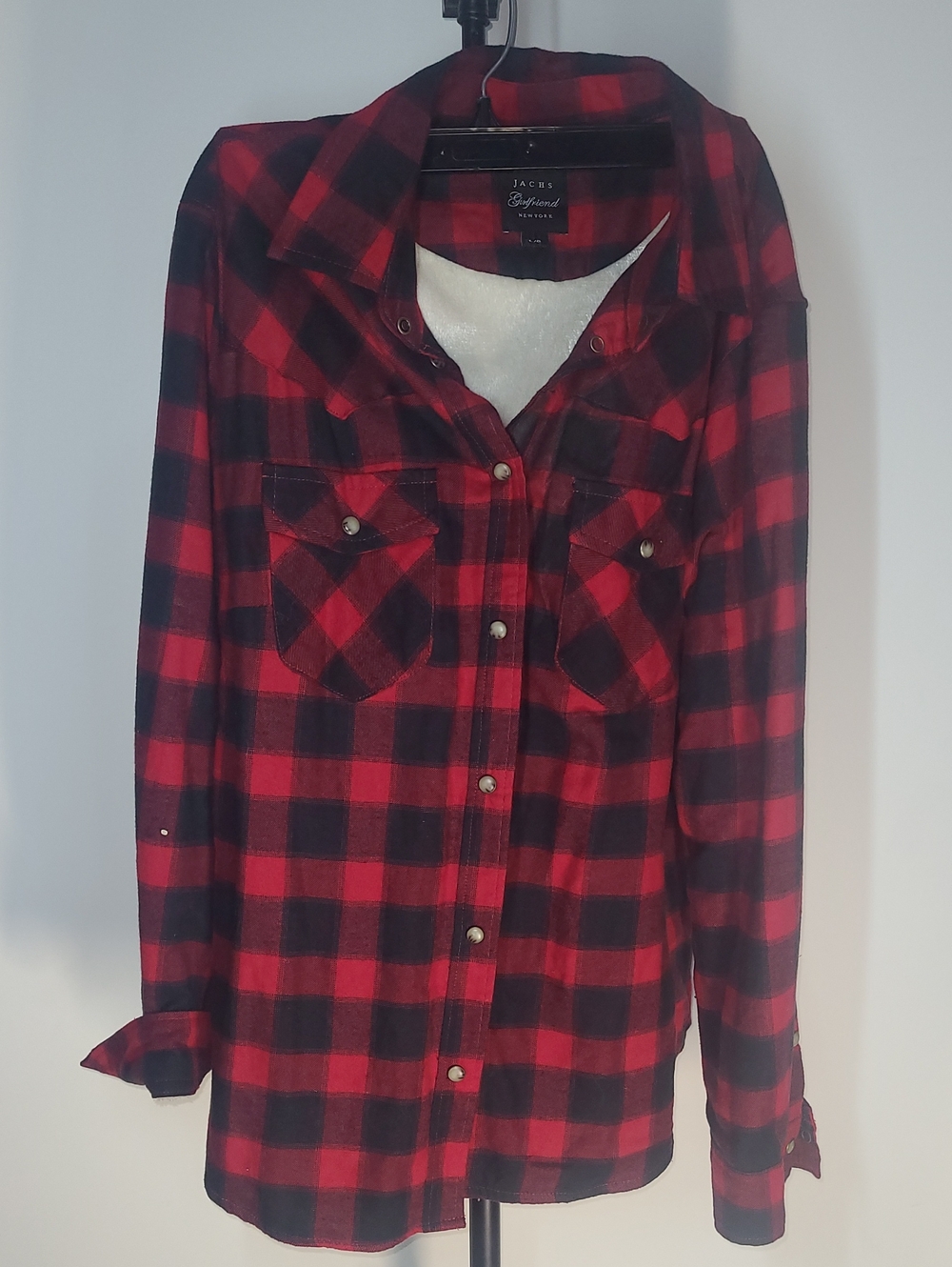 JACHS Girlfriend Red & Black Plaid Button-Front Shirt Fluffy Inside Size LG